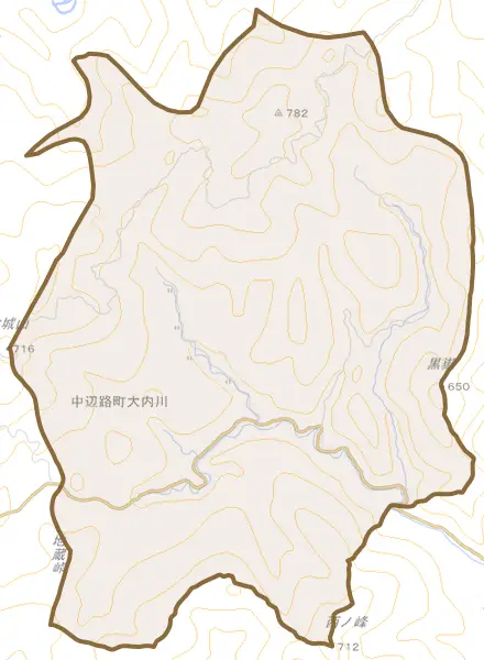中辺路町大内川とその周辺の地図。町の範囲を重ねている
