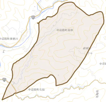 中辺路町高原とその周辺の地図。町の範囲を重ねている