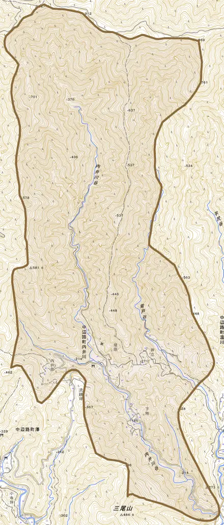 中辺路町内井川とその周辺の地図。町の範囲を重ねている