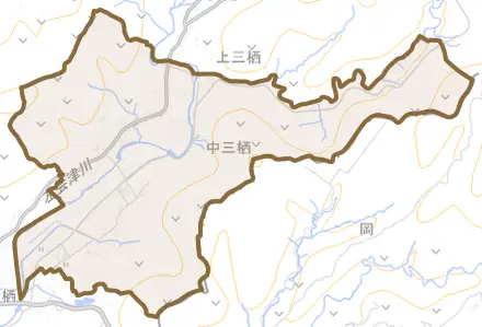 中三栖とその周辺の地図。町の範囲を重ねている