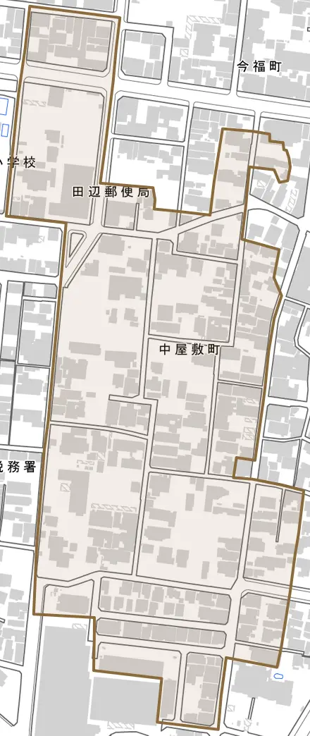 中屋敷町とその周辺の地図。町の範囲を重ねている