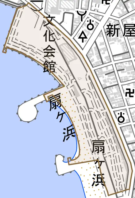 扇ヶ浜とその周辺の地図。町の範囲を重ねている