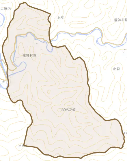 龍神村東とその周辺の地図。町の範囲を重ねている