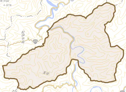 龍神村甲斐ノ川とその周辺の地図。町の範囲を重ねている