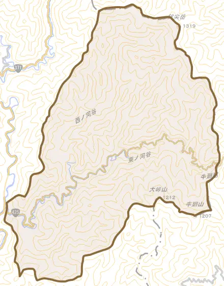 龍神村小又川とその周辺の地図。町の範囲を重ねている