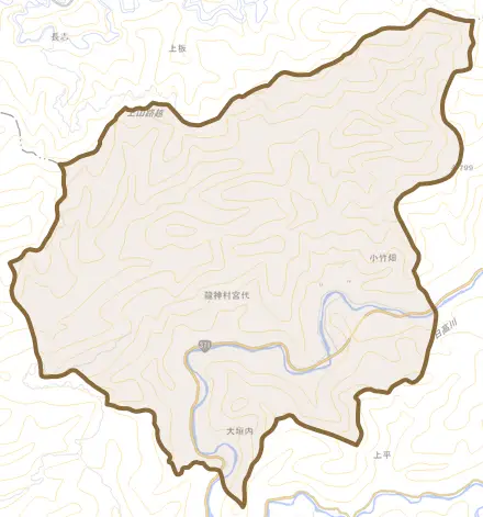 龍神村宮代とその周辺の地図。町の範囲を重ねている