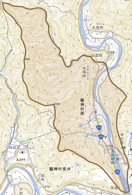 龍神村西とその周辺の地図。町の範囲を重ねている