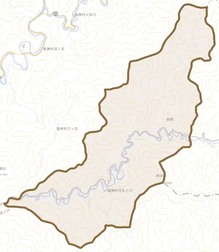 龍神村丹生ノ川とその周辺の地図。町の範囲を重ねている