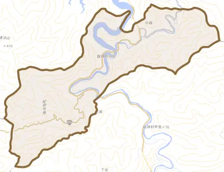 龍神村小家とその周辺の地図。町の範囲を重ねている