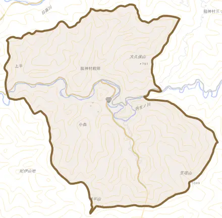 龍神村殿原とその周辺の地図。町の範囲を重ねている