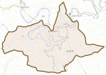 龍神村柳瀬とその周辺の地図。町の範囲を重ねている