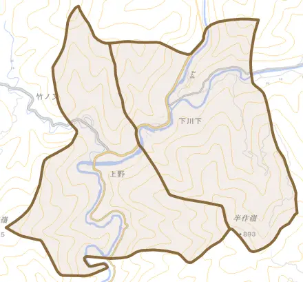 下川下とその周辺の地図。町の範囲を重ねている