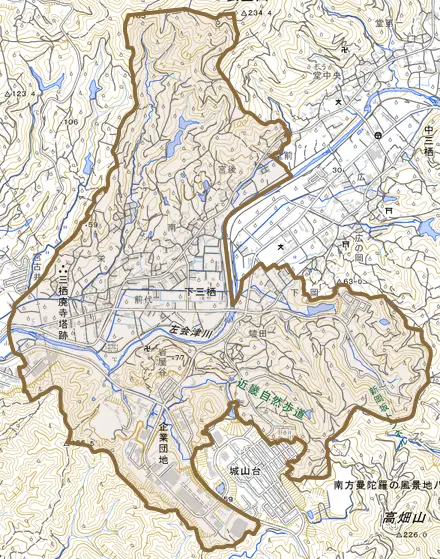 下三栖とその周辺の地図。町の範囲を重ねている