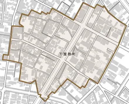 下屋敷町とその周辺の地図。町の範囲を重ねている