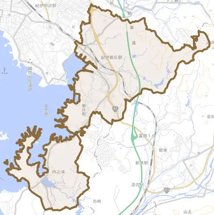新庄町とその周辺の地図。町の範囲を重ねている