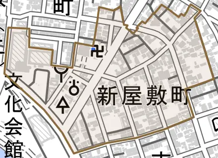 新屋敷町とその周辺の地図。町の範囲を重ねている