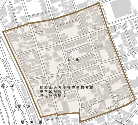 末広町とその周辺の地図。町の範囲を重ねている