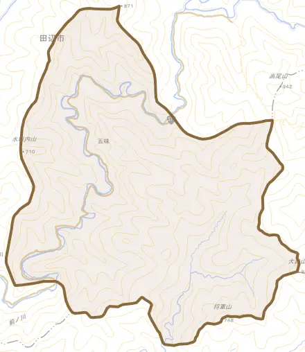 五味とその周辺の地図。町の範囲を重ねている