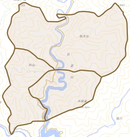 向山とその周辺の地図。町の範囲を重ねている