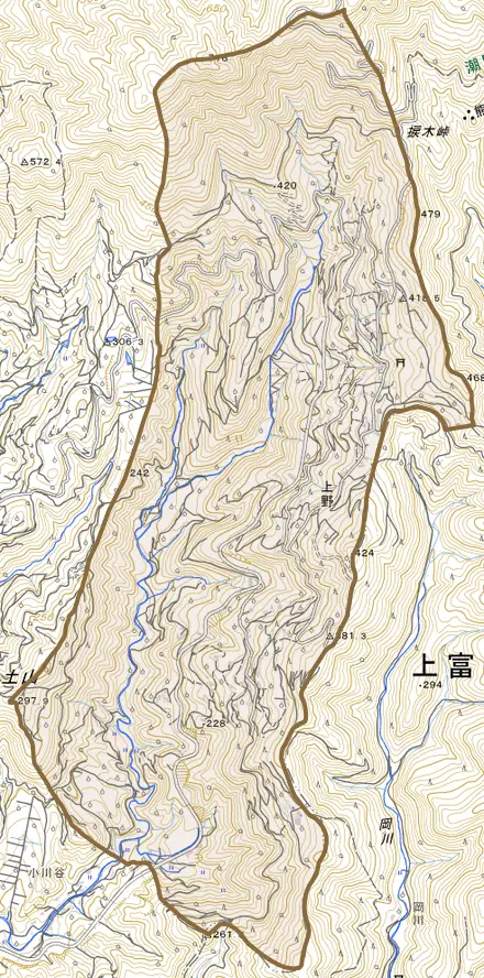 上野とその周辺の地図。町の範囲を重ねている