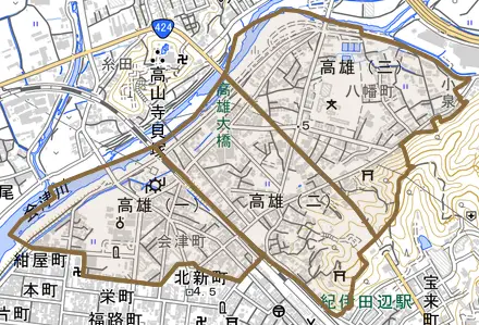 高雄とその周辺の地図。町の範囲を重ねている