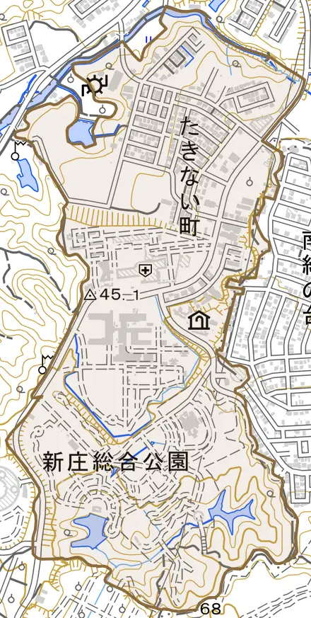 たきない町とその周辺の地図。町の範囲を重ねている