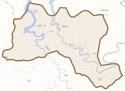 谷野口とその周辺の地図。町の範囲を重ねている