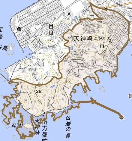 天神崎とその周辺の地図。町の範囲を重ねている