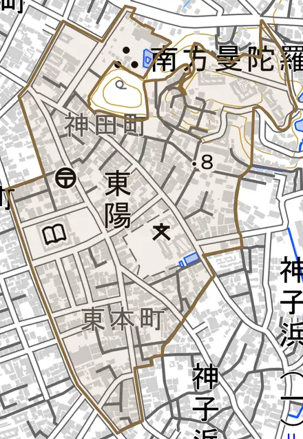 東陽とその周辺の地図。町の範囲を重ねている