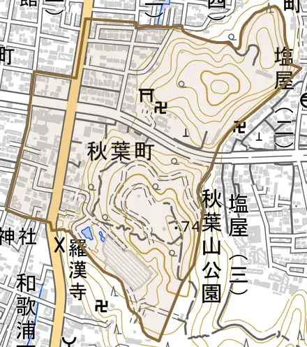 秋葉町とその周辺の地図。町の範囲を重ねている
