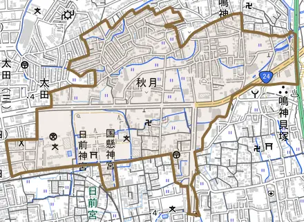 秋月とその周辺の地図。町の範囲を重ねている