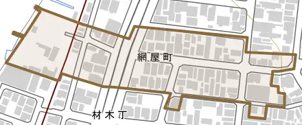 網屋町とその周辺の地図。町の範囲を重ねている
