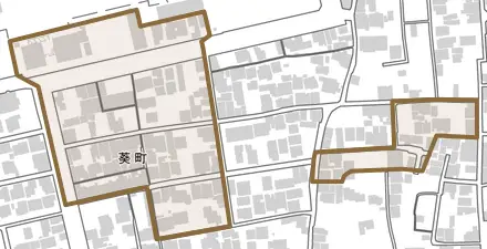 葵町とその周辺の地図。町の範囲を重ねている