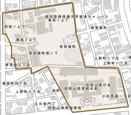 有田屋町南ノ丁とその周辺の地図。町の範囲を重ねている