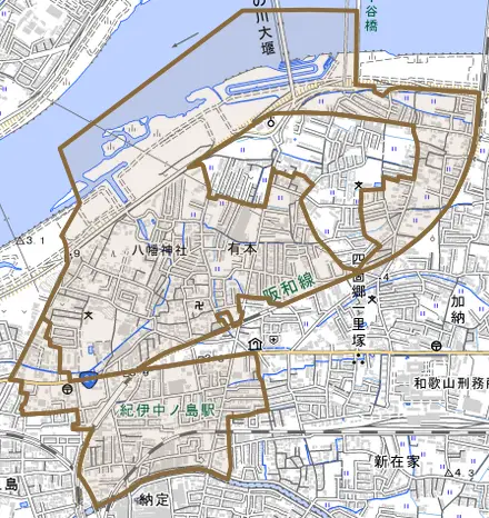 有本とその周辺の地図。町の範囲を重ねている