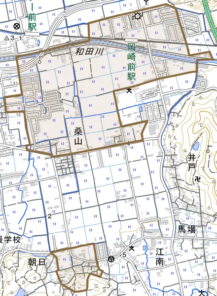 朝日とその周辺の地図。町の範囲を重ねている