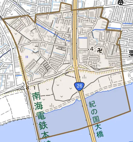粟とその周辺の地図。町の範囲を重ねている