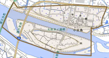 小豆島とその周辺の地図。町の範囲を重ねている