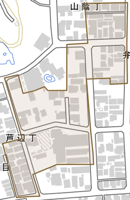 弁財天丁とその周辺の地図。町の範囲を重ねている