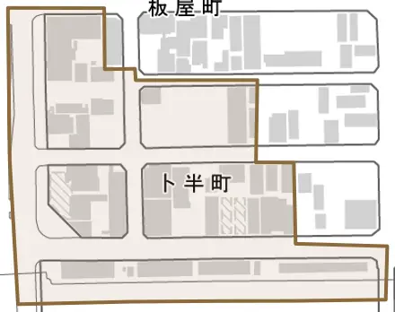 卜半町とその周辺の地図。町の範囲を重ねている