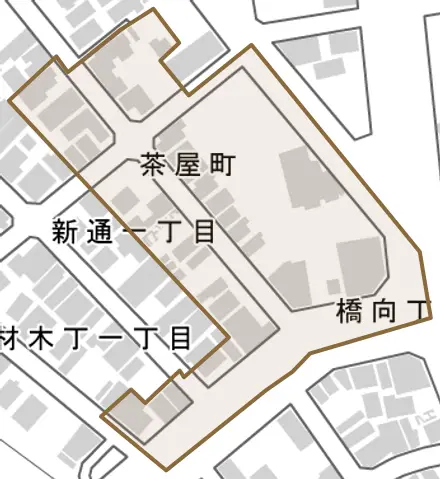 茶屋町とその周辺の地図。町の範囲を重ねている