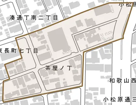 茶屋ノ丁とその周辺の地図。町の範囲を重ねている