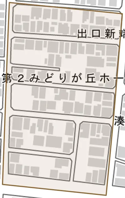出口端ノ丁とその周辺の地図。町の範囲を重ねている