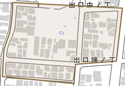 出口中ノ丁とその周辺の地図。町の範囲を重ねている