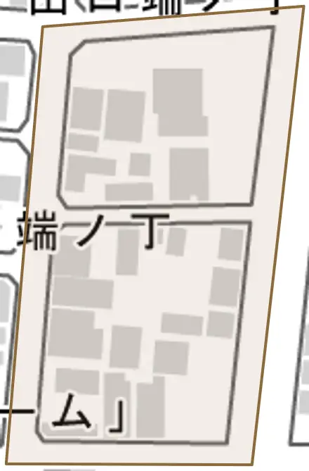 出口新端ノ丁とその周辺の地図。町の範囲を重ねている