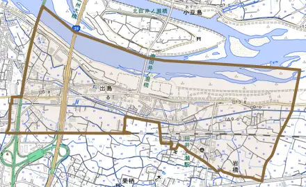 出島とその周辺の地図。町の範囲を重ねている
