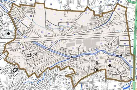 出水とその周辺の地図。町の範囲を重ねている