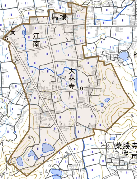 江南とその周辺の地図。町の範囲を重ねている
