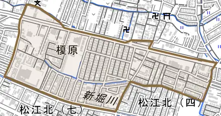 榎原とその周辺の地図。町の範囲を重ねている