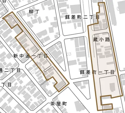 餌差町とその周辺の地図。町の範囲を重ねている